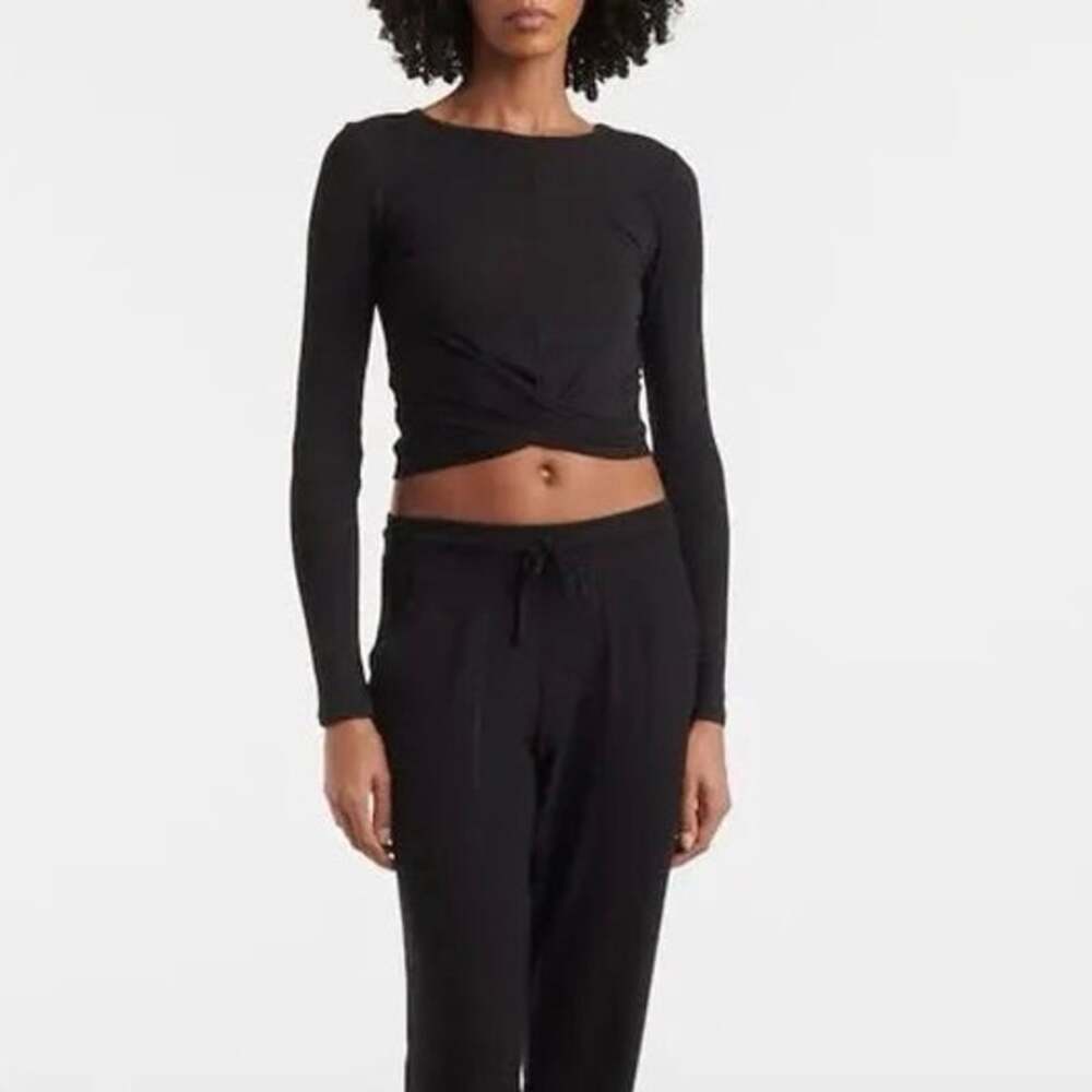 Alo Yoga (S) Cover Long Sleeve Crop Top Black Twist Wrap Front Pilates/Yoga